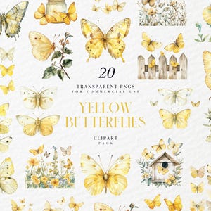 Clipart papillons jaunes pastel aquarelle, jardin des papillons, printemps, été, fleurs florales, graphiques PNG transparents, usage Commercial