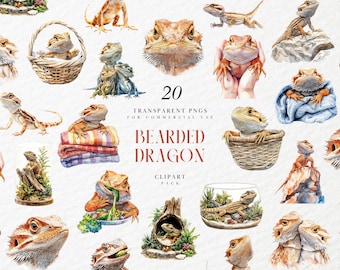 Könnte beinhalten: Ein Set mit 20 Aquarell-Illustrationen von Bartagamen in verschiedenen Posen und Umgebungen. Die Illustrationen sind im Cartoon-Stil gehalten und zeigen eine Vielzahl von Farben, darunter Grün, Braun, Orange und Blau. Die Illustrationen eignen sich perfekt für den Einsatz in digitalem Scrapbooking, Kartenherstellung und anderen Bastelprojekten.