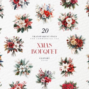 Clipart de buquê de flores de Natal em aquarela, elementos florais, decoração de página, convite, artesanato em papel, gráficos PNG transparentes, uso comercial