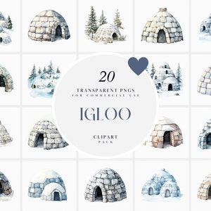 Clipart di igloo ad acquerello, igloo freddi e innevati, villaggio di igloo invernali ghiacciati, inuit, Groenlandia, Islanda, Alaska, PNG trasparente, uso commerciale