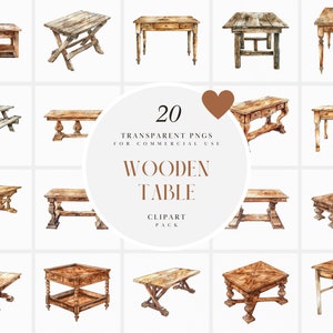 Clipart de mesa de madeira antiga aquarela, clipart de mesa de madeira vintage, piquenique, clipart de mesa de sala de estar, gráficos PNG transparentes, uso comercial