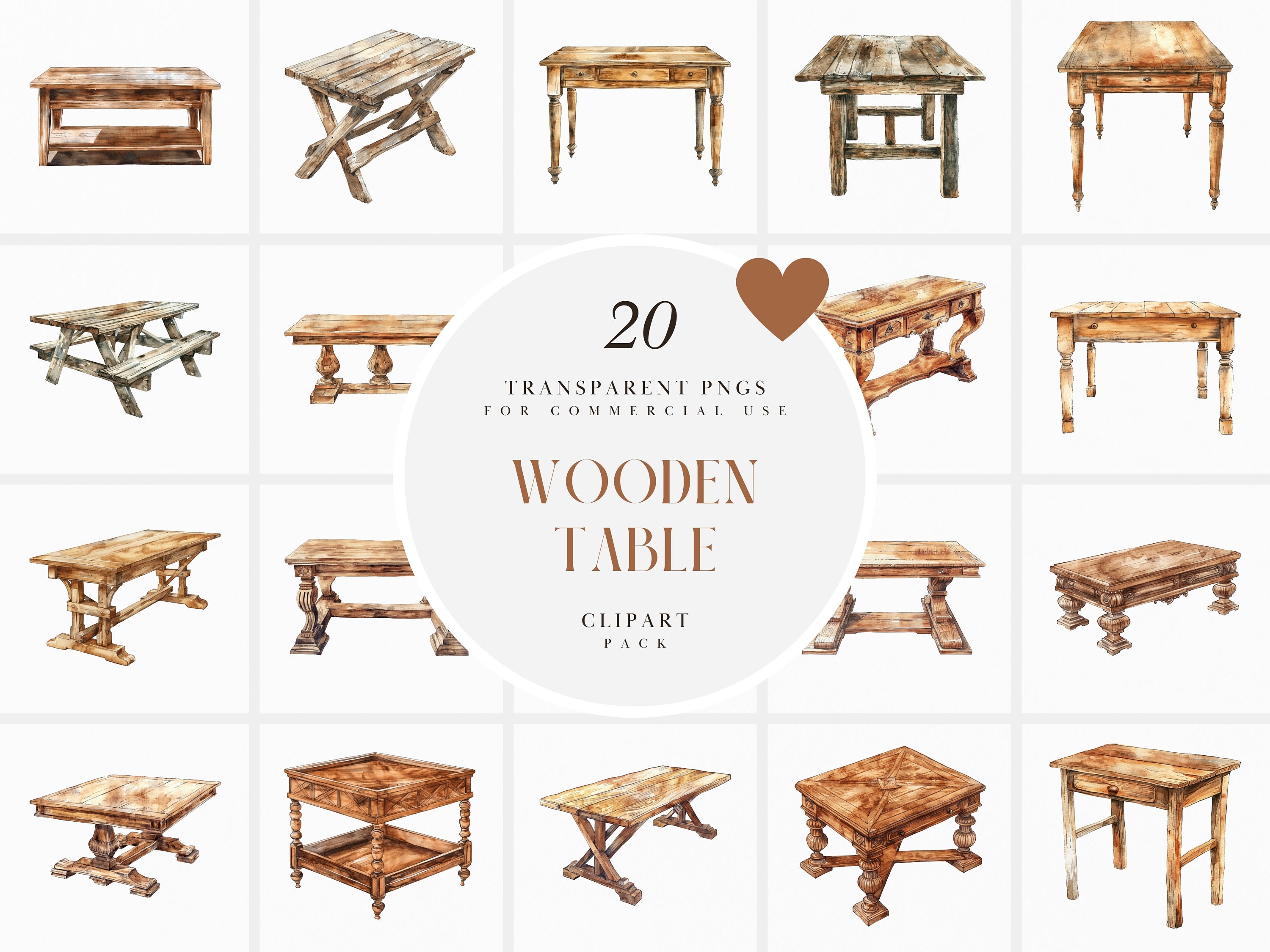 Watercolor Old Wood Table Clipart, Vintage Wooden Table Clipart, Picnic, Living Room Table Clipart, Transparent PNG Graphics, Commercial Use