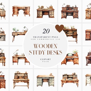 May include: Watercolor clipart pack featuring 20 transparent PNGs of wooden study desks. The desks are in various styles, with drawers, shelves, and some with lamps and decor. The color palette is warm, with shades of brown and beige.