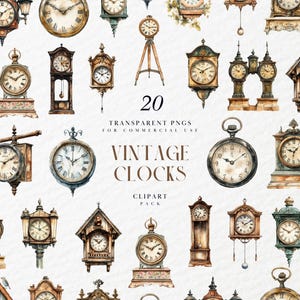 May include: A collection of 20 watercolor-style vintage clocks in various shapes and sizes. The clocks feature classic designs with Roman numerals, ornate details, and a variety of colors, including brown, gold, and green. The text "VINTAGE CLOCKS" is displayed.