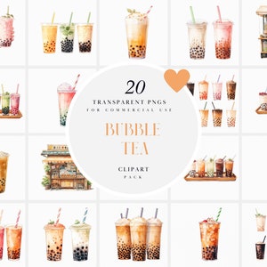 Clipart Bubble Tea acquerello, Clipart Boba Tea, Clipart Drink Milk Tea, Clipart Kawaii Boba, Download istantaneo in formato PNG per uso commerciale