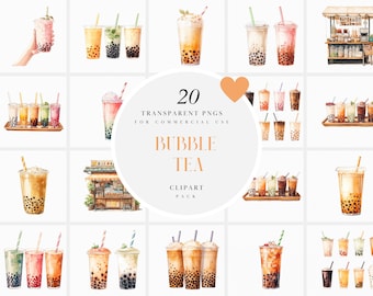 Watercolor Bubble Tea Clipart, Boba Tea Clipart, Drink Milk Tea Clipart, Kawaii Boba Clipart, Instant Download PNG format for Commercial Use
