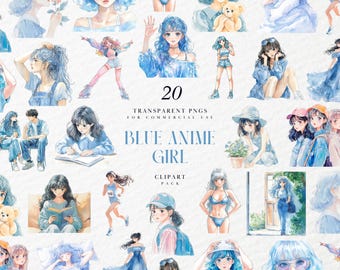 Watercolor Blue Anime Girl Clipart, Manga Portrait, Pastel Palette, Planner Stickers & Wall Art, Transparent PNG Graphics, Commercial Use