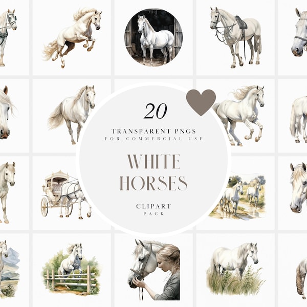 Watercolor White Horse Clipart, White Horses Clipart, White Pony Clipart, Cute Racing Horse Clipart, Transparent PNG File for Commercial Use