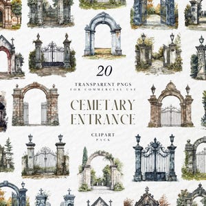 Watercolor Cemetery Entrance Clipart, Spooky Haunted Graveyard Gate, Gothic Arch, Halloween Decor, Transparent PNG Graphics, Commercial Use