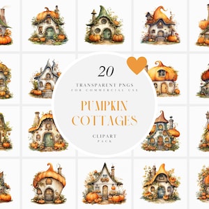 Clipart di cottage di zucca ad acquerello, clipart di cabina di zucca, cabine autunnali stravaganti, cottage autunnali fantasy, formato PNG per uso commerciale