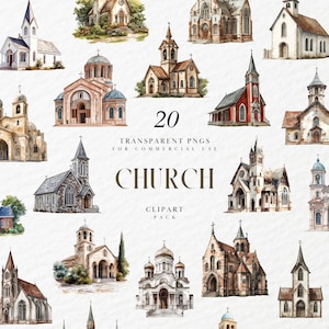 May include: A set of 20 watercolor illustrations of churches in various styles. The illustrations are in a vintage style and feature intricate details. The text "20 TRANSPARENT PNGS FOR COMMERCIAL USE CHURCH CLIPART PACK" is included in the image.