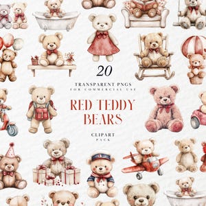 May include: Watercolor clipart pack featuring 20 transparent PNGs of red teddy bears in various poses. Bears are shown with balloons, in a bathtub, on a scooter, and in a car. The text "RED TEDDY BEARS" is displayed in red.