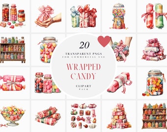 May include: A digital clipart pack of 20 watercolor illustrations of wrapped candy, including jars of candy, stacks of wrapped candy, and a gumball machine. The text "20 TRANSPARENT PNGS FOR COMMERCIAL USE WRAPPED CANDY CLIPART PACK" is displayed on a white background.