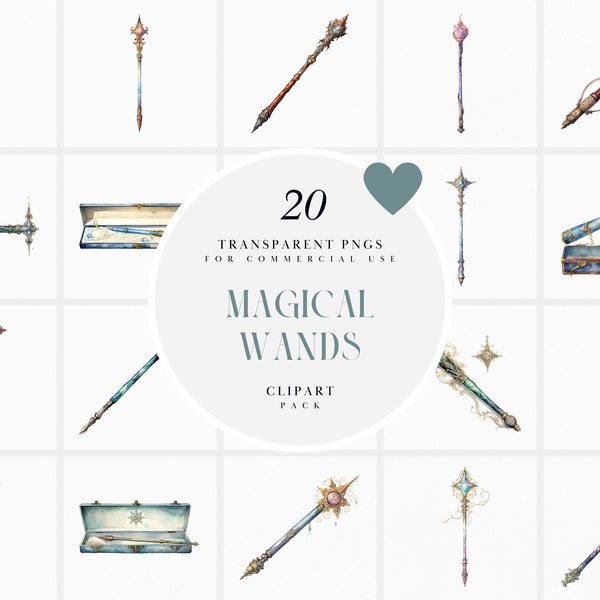 Watercolor Magic Wand Clipart, Magical Witch Staff Clipart, Fairy Wand Clipart, Fantasy Magic Wands Clipart, PNG Format for Commercial Use