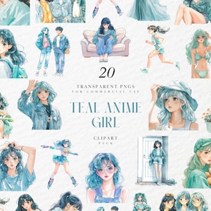 May include: A collection of 20 transparent PNGs featuring teal-colored anime girls in various poses and outfits. The illustrations include girls with teal hair, wearing casual and sporty attire, and holding objects like teddy bears and flowers. Text on the image reads "TEAL ANIME GIRL CLIPART PACK".