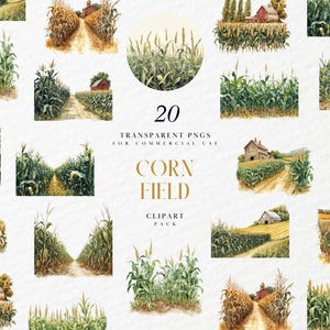 Puede incluir: Paquete de imágenes prediseñadas de acuarela con 20 PNG transparentes de campos de maíz. Las ilustraciones representan varias escenas de campos de maíz con caminos de tierra, graneros y granjas rojas. El texto "Corn Field Clipart Pack" también está incluido.