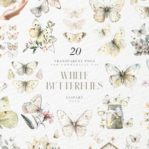 Imágenes prediseñadas de mariposas blancas pastel de acuarela, jardín de mariposas, primavera pastel, flores de verano, gráficos PNG transparentes, uso comercial