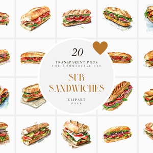 Clipart de sanduíche de sub aquarela, sanduíches de metrô, submarino, hoagie, herói italiano, moedor, cunha spuckie, PNG transparente, uso comercial