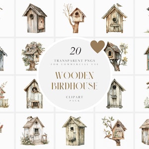 Clipart de casa de pássaros de madeira em aquarela, clipart de casas de pássaros de madeira, clipart de casa de pássaros de árvore de varanda, gráficos PNG transparentes, uso comercial