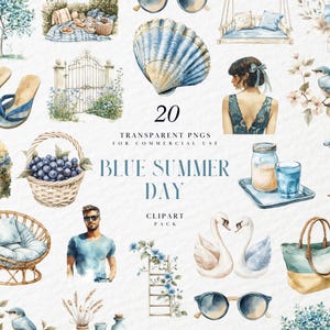 Clipart de un acogedor día de verano en acuarela, azul neutro, Hola verano, floral, pegatina digital, gráficos PNG transparentes, uso comercial
