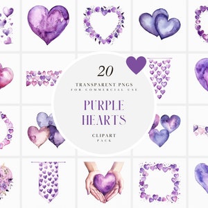 Aquarell lila Herzen Clipart, lila Herz Clipart, Herzform Clipart, Valentinstag Liebe Romantik, transparente PNG Grafik, kommerzielle Nutzung