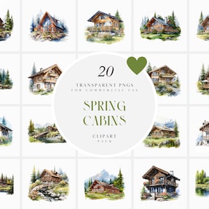 Clipart di casette di tronchi primaverili ad acquerello, Clipart di casette di legno, Bosco, Splendidi scenari, Casetta nella foresta, Grafica PNG trasparente, Uso commerciale