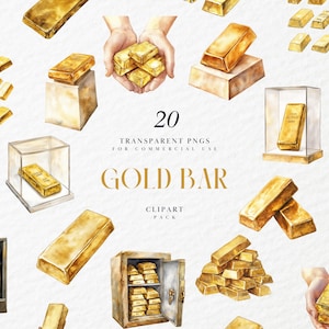 Clipart di barre d'oro ad acquerello, barre d'oro, valuta, denaro antico, in una cassaforte, in una valigetta, grafica PNG trasparente, uso commerciale