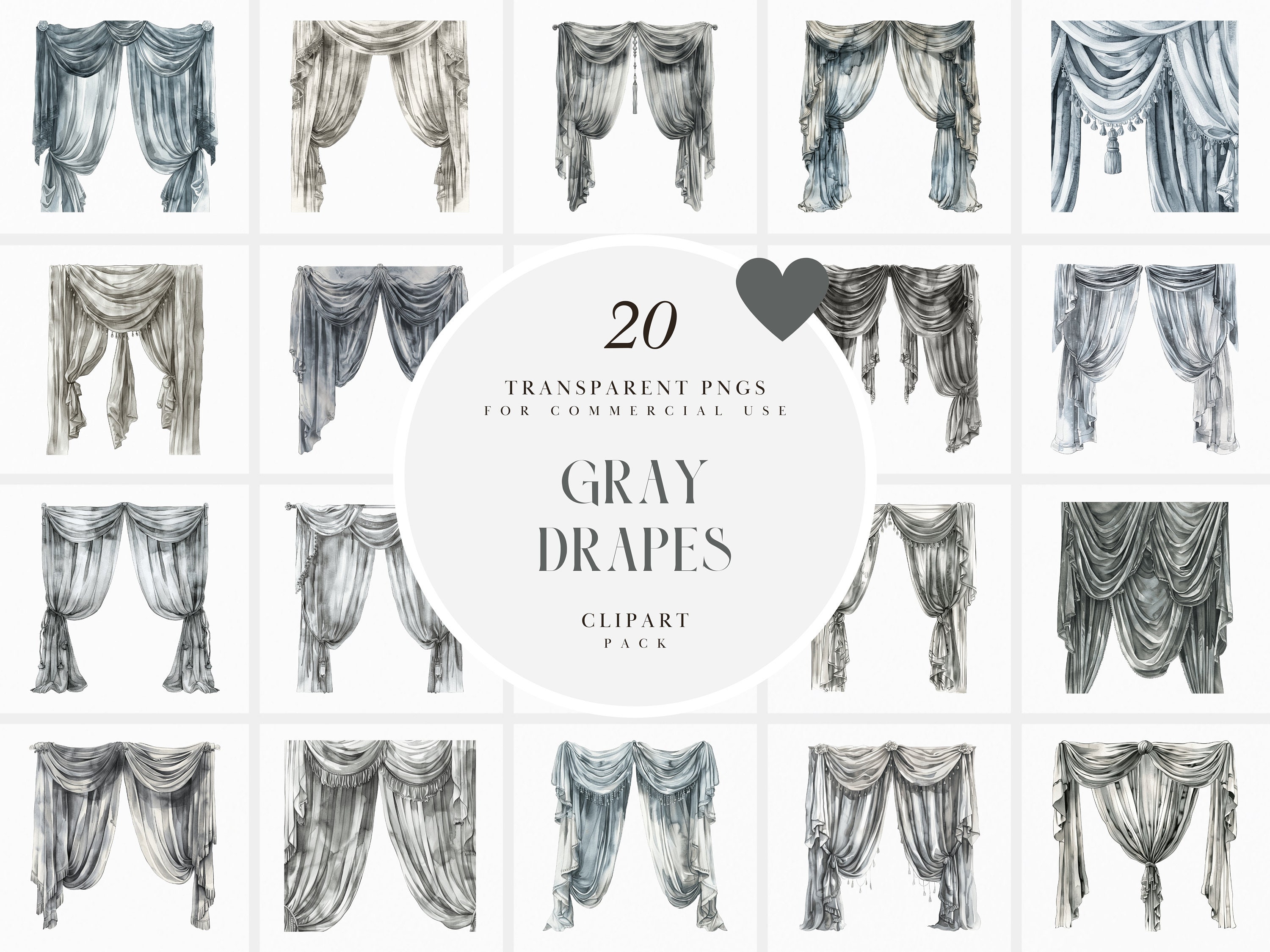 Watercolor Gray Drapes Clipart, Window Drape Clipart, Card Making ...