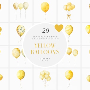 Clipart de globo amarillo de acuarela, clipart de globos amarillos, clipart de Pascua divertido y colorido, gráficos PNG transparentes, uso comercial