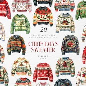 Aquarel kersttrui clipart, feestelijke wintertrui, lelijke trui feestdecor, gezellige vakantie-outfit, transparante png, commercieel gebruik