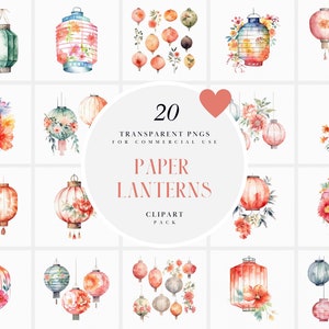 Clipart Lanterna di carta floreale acquerello, Lanterne di carta, Lanterna cinese, Lanterna giapponese, Lanterna coreana, Formato PNG per uso commerciale
