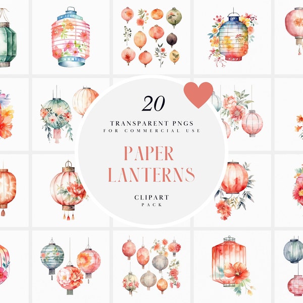 Watercolor Floral Paper Lantern Clipart, Paper Lanterns, Chinese Lantern, Japanese Lantern, Korean Lantern, PNG Format for Commercial Use