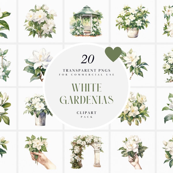 Watercolor White Gardenias Clipart, Floral Gardenia Bouquet Clipart, Bridal White Wedding Flowers Clipart, PNG Format for Commercial Use