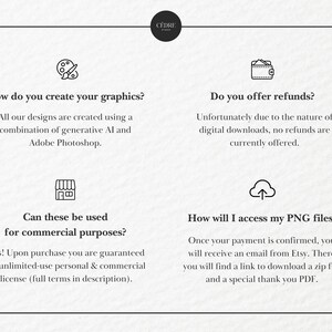 May include: A white graphic with black text and icons. The text includes questions and answers about graphics creation, refunds, commercial use, and accessing PNG files. The C&Egrave;DRE STUDIO logo is at the top.