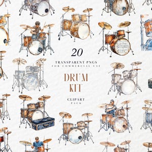 Puede incluir: Un conjunto de 20 ilustraciones de acuarela de baterías. Las ilustraciones son de varios colores y estilos, y todas están sobre un fondo blanco. El texto "20 TRANSPARENT PNGS FOR COMMERCIAL USE DRUM KIT CLIPART PACK" se muestra en el centro de la imagen.