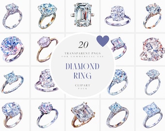May include: A set of 20 watercolor illustrations of diamond rings. The rings are in various styles and settings, with different shapes and sizes of diamonds. The illustrations are in a light blue and purple color palette. The text "20 TRANSPARENT PNGS FOR COMMERCIAL USE DIAMOND RING CLIPART PACK" is in the center of the image.