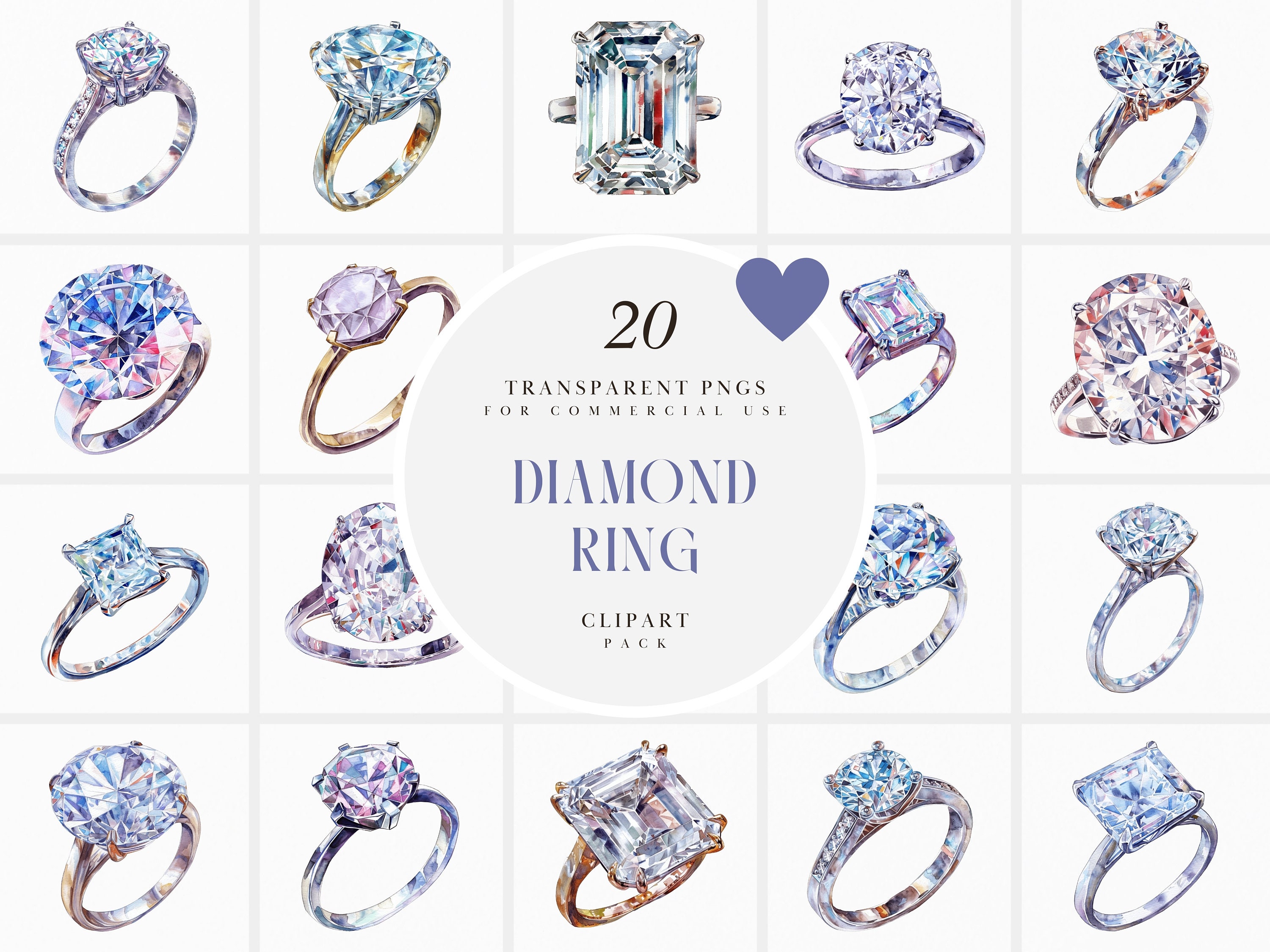 Watercolor Diamond Rings Clipart, Sparkling Shinny Rings Clipart ...