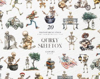 May include: A collection of 20 transparent PNGs of quirky skeleton illustrations. The skeletons are shown in various activities, including playing music and driving. The text "Quirky Skeleton Clipart Pack" is displayed on the image.