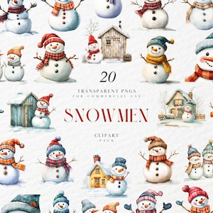 Watercolor Snowmen Clipart, Snowman, Frosty Friends, Vintage Rustic Holiday, winter, christmas, Transparent PNG Graphics, Commercial Use
