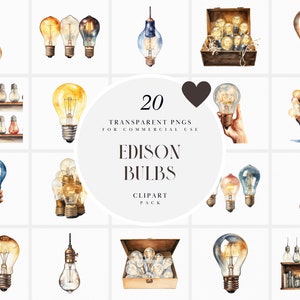 Op de afbeelding: Een set van 20 aquarel illustraties van Edison-lampjes in verschillende vormen, maten en kleuren. De lampjes zijn afgebeeld in verschillende opstellingen, waaronder een hand die een lampje vasthoudt, een doos met lampjes en een plank met lampjes. De tekst "20 TRANSPARENT PNGS FOR COMMERCIAL USE EDISON BULBS CLIPART PACK" is zichtbaar in het midden van de afbeelding.