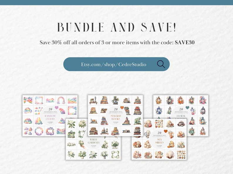 May include: A digital collage sheet with 20 watercolor illustrations of rainbow colors, stacked books, white gardenias, and seashells. The text on the sheet reads "20 Watercolor Clipart", "Rainbow Colors", "Stacked Books", "White Gardenia", and "Sea Shells".