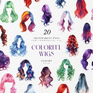 Aquarelle coloré perruques des cliparts, commode de salon de coiffure aux couleurs vives, extensions, amusant drôle funky original, PNG Transparent, usage Commercial