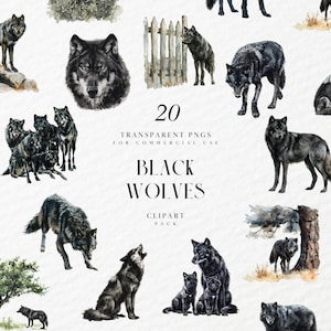 May include: A digital clipart pack of 20 black wolf illustrations. The wolves are depicted in various poses, including howling, running, and lying down. The illustrations are painted in a watercolor style and have a transparent background.