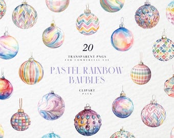 Puede incluir: 20 adornos navideños de acuarela en colores arcoíris pastel. Los adornos son redondos y tienen varios patrones, incluyendo rayas, remolinos y diseños geométricos. Los adornos son perfectos para agregar un toque de fantasía a tu decoración navideña.