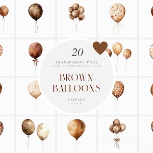 Clipart ballon aquarelle marron, clipart ballons bruns, fête d'anniversaire, fabrication de cartes, Invitation, graphiques PNG transparents, usage Commercial