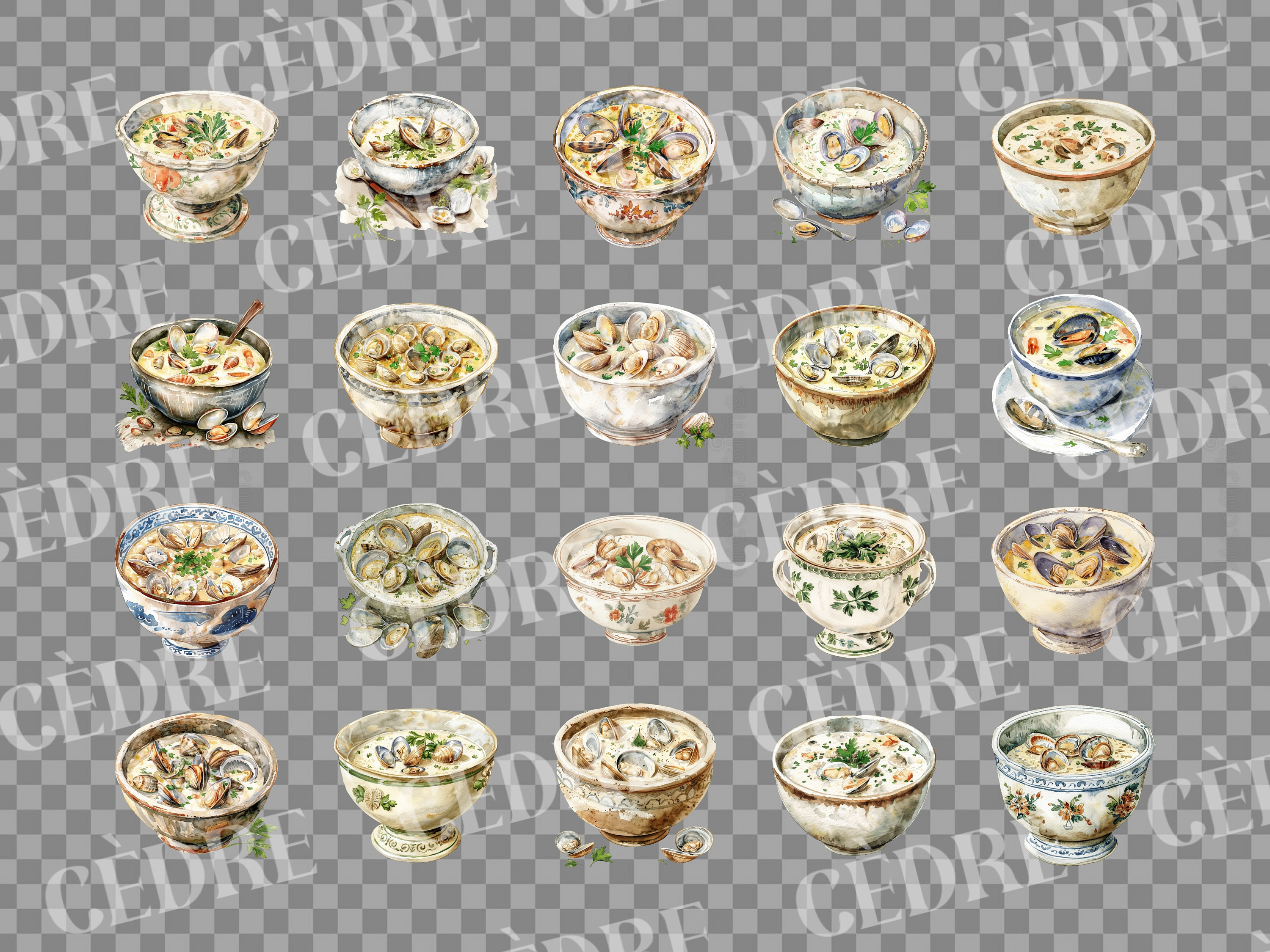 Watercolor Clam Chowder Soup Clipart, Cozy Clam Chowder Clipart ...