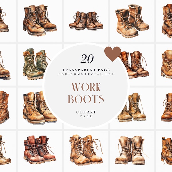 Watercolor Work Boots Clipart, Construction Boots Clipart, Safety Boots Clipart, Steel Toed Boots Clipart, Transparent PNG, Commercial Use