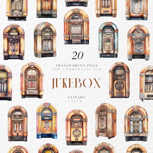 Op de afbeelding: Een set van 20 aquarel illustraties van vintage jukeboxes. Elke jukebox heeft een andere kleur en ontwerp, sommige met een rood, wit en blauw kleurenschema. De illustraties zijn perfect om een retro touch aan elk project toe te voegen.