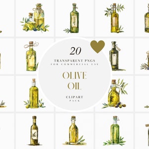 Clipart di olio d'oliva ad acquerello, oli da cucina, bottiglia, elementi da cucina, condimenti, mediterraneo, grafica PNG trasparente, uso commerciale