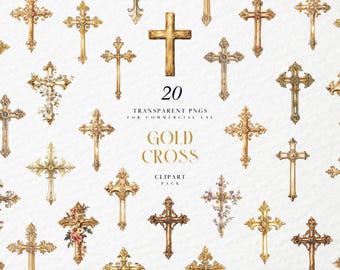 Watercolor Gold Cross Clipart, Golden Crosses Clipart, Baptism Holy Cross, Christianity, Communion, Transparent PNG Graphic, Commercial Use